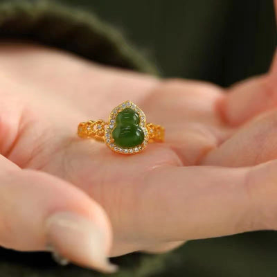 Buddha Stones Vintage Gourd Green Chalcedony Copper Plated Gold Adjustable Wealth Ring - image 13