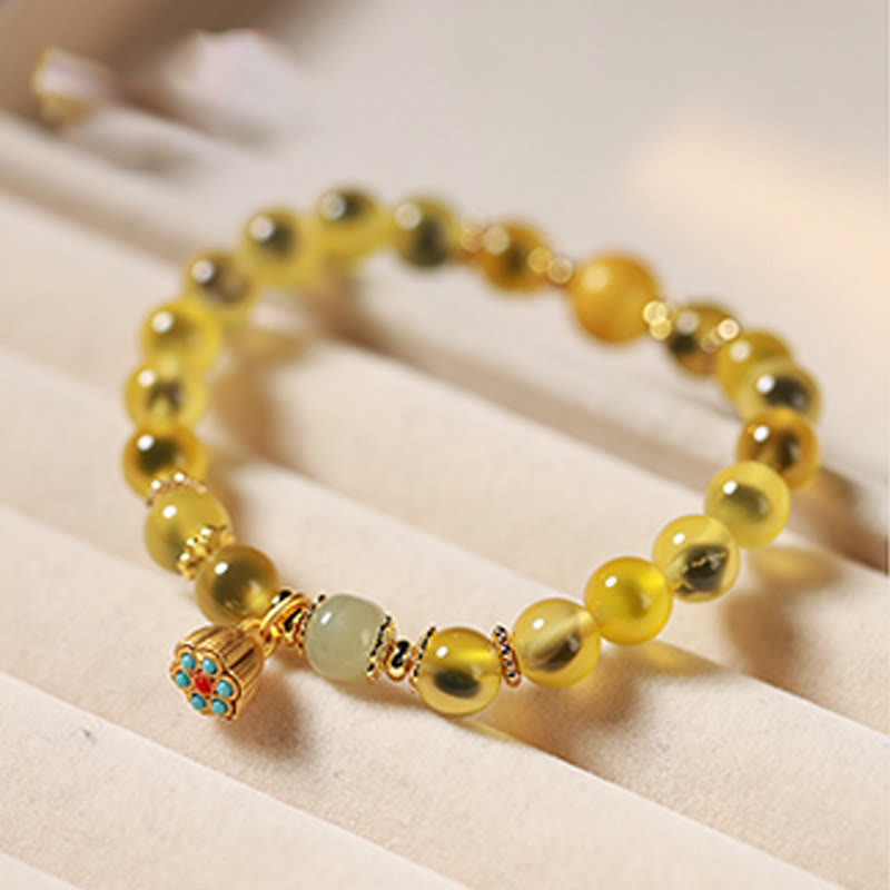Buddha Stones Natural Colorful Candy Agate Golden Lotus Pod Healing Bracelet - image 10