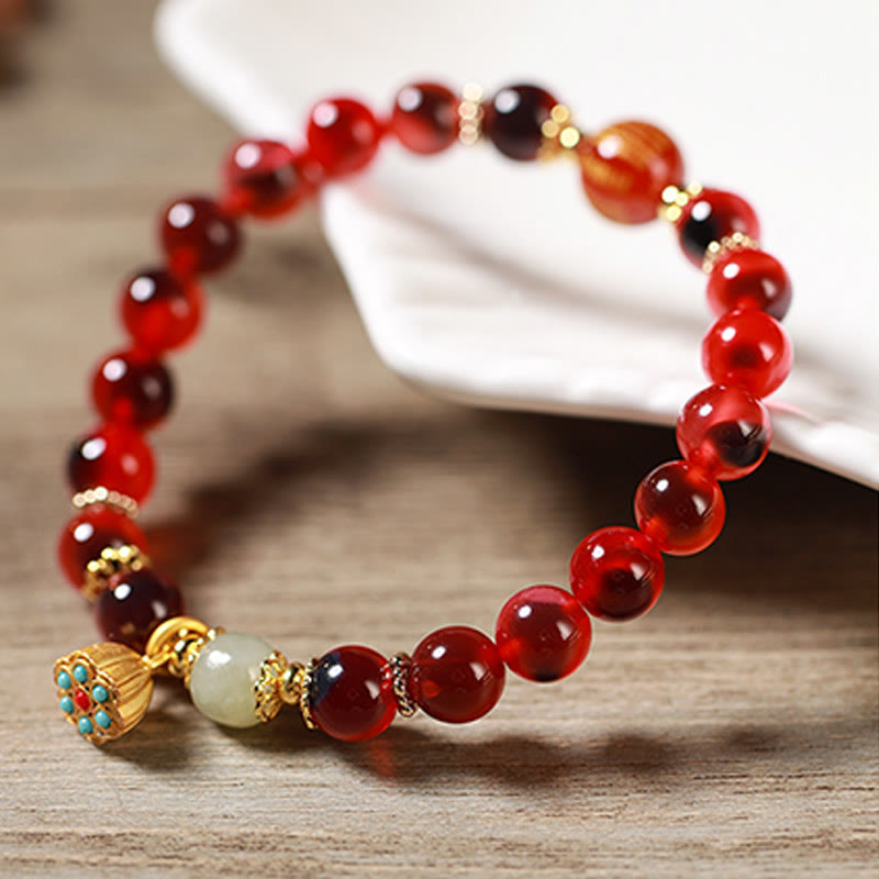 Buddha Stones Natural Colorful Candy Agate Golden Lotus Pod Healing Bracelet - image 18