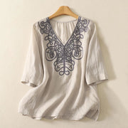 Foviel Embroidered V-neck Casual Women's Half Sleeve T-shirt