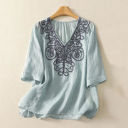 Foviel Embroidered V-neck Casual Women's Half Sleeve T-shirt