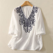 Foviel Embroidered V-neck Casual Women's Half Sleeve T-shirt