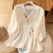 Foviel Embroidered Flowers Women's V-neck Shirt