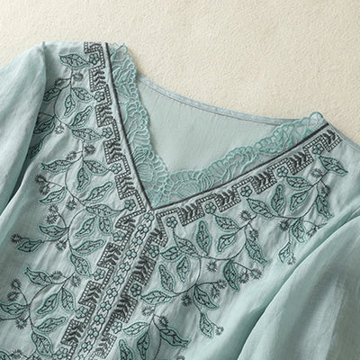 Buddha Stones Embroidered Lace Casual Women's Cotton Linen Half Sleeve T-shirt - image 14