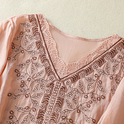 Buddha Stones Embroidered Lace Casual Women's Cotton Linen Half Sleeve T-shirt - image 27
