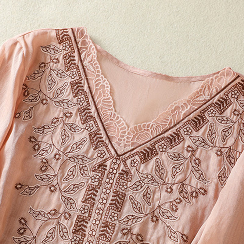 Buddha Stones Embroidered Lace Casual Women's Cotton Linen Half Sleeve T-shirt - image 27