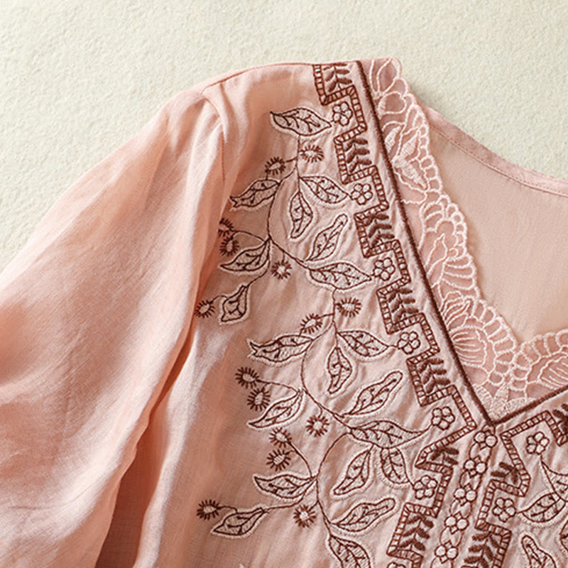 Buddha Stones Embroidered Lace Casual Women's Cotton Linen Half Sleeve T-shirt - image 29