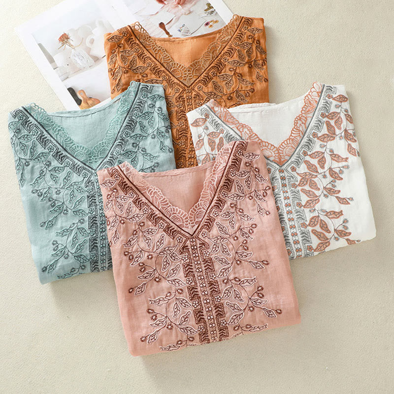 Buddha Stones Embroidered Lace Casual Women's Cotton Linen Half Sleeve T-shirt - image 37