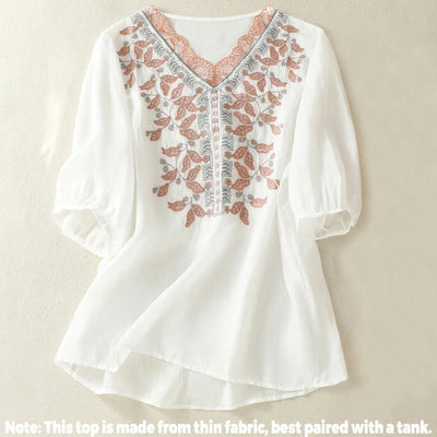 Buddha Stones Embroidered Lace Casual Women's Cotton Linen Half Sleeve T-shirt - image 31