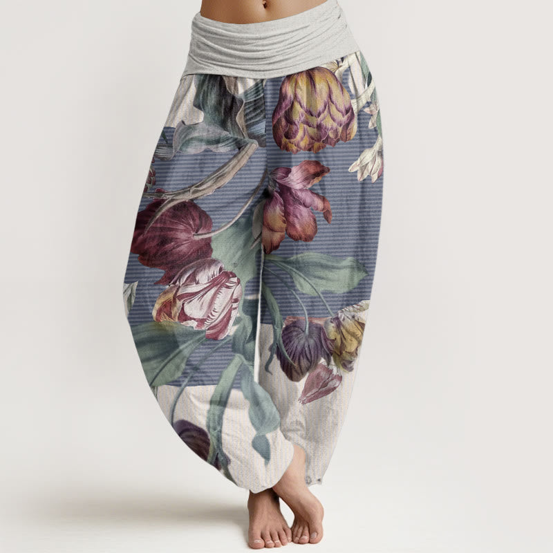 Buddha Stones Pure Cotton Tulips Green Leaves Design Women's Elastic Waist Harem Pants - Beige - US22，UK/AU26，EU54 (6XL) - image 6
