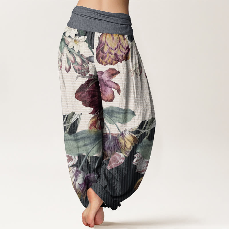 Buddha Stones Pure Cotton Tulips Green Leaves Design Women's Elastic Waist Harem Pants - image 10