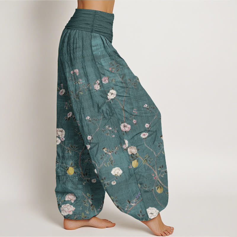 Buddha Stones Pure Cotton Pink White Flowers Bamboo Leaves Fruits Design Women's Elastic Waist Harem Pants - image 3