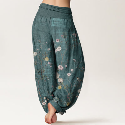 Buddha Stones Pure Cotton Pink White Flowers Bamboo Leaves Fruits Design Women's Elastic Waist Harem Pants - image 2