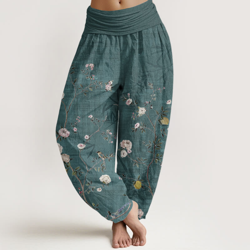 Buddha Stones Pure Cotton Pink White Flowers Bamboo Leaves Fruits Design Women's Elastic Waist Harem Pants - DarkCyan - US22，UK/AU26，EU54 (6XL) - image 1