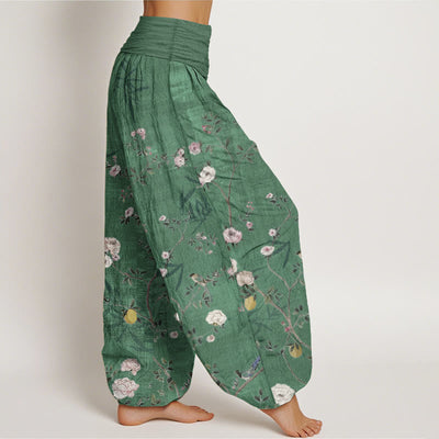 Buddha Stones Pure Cotton Pink White Flowers Bamboo Leaves Fruits Design Women's Elastic Waist Harem Pants - image 9