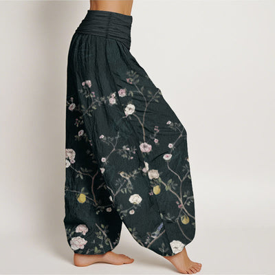 Buddha Stones Pure Cotton Pink White Flowers Bamboo Leaves Fruits Design Women's Elastic Waist Harem Pants - image 12