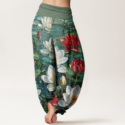 Buddha Stones Cotton Casual Blooming Red Lotus Flower Pattern Women's Elastic Waist Harem Pants - image 2