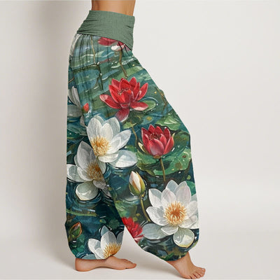 Buddha Stones Cotton Casual Blooming Red Lotus Flower Pattern Women's Elastic Waist Harem Pants - image 1