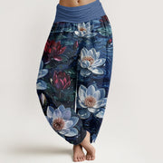 Foviel Cotton Casual Blooming Red Lotus Flower Pattern Women's Elastic Waist Harem Pants