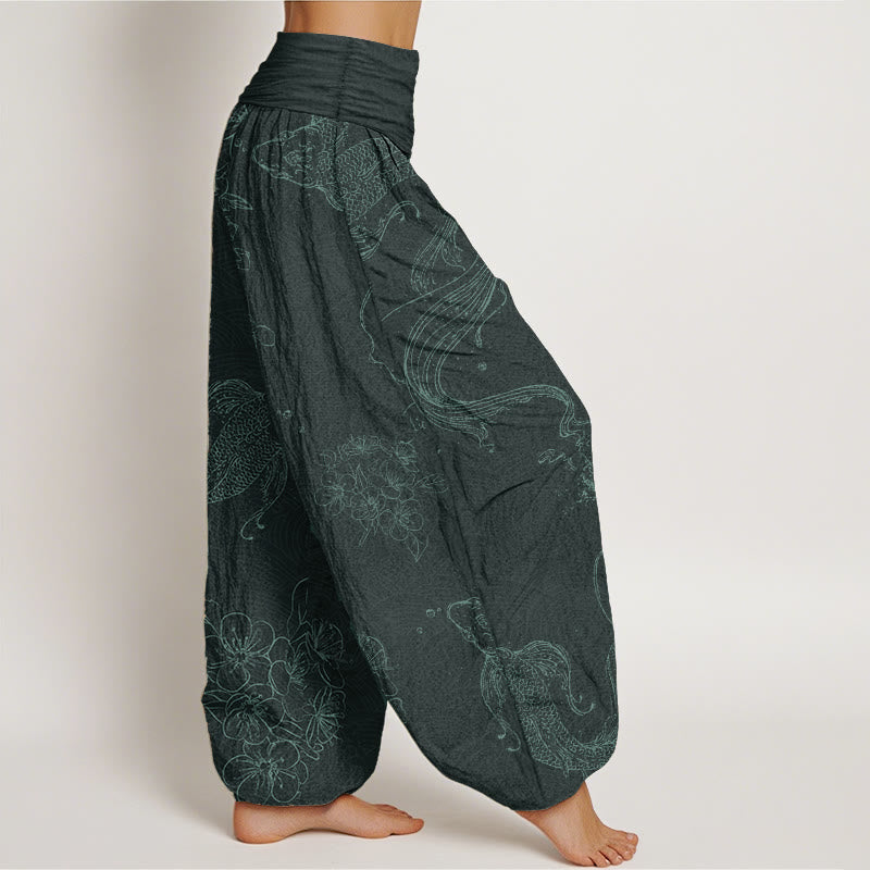 Pantalon sarouel pour femme Foviel en pur coton à motif floral et poissons koï avec taille élastique