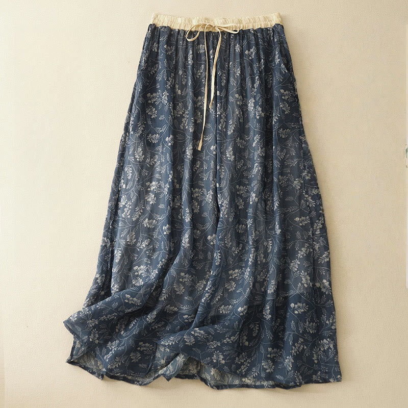 Buddha Stones Floral A-line Elastic Waist Cotton Linen Women's Skirt With Pockets - SteelBlue - US8-10，UK/AU12-14，EU40-42 (2XL) - image 12