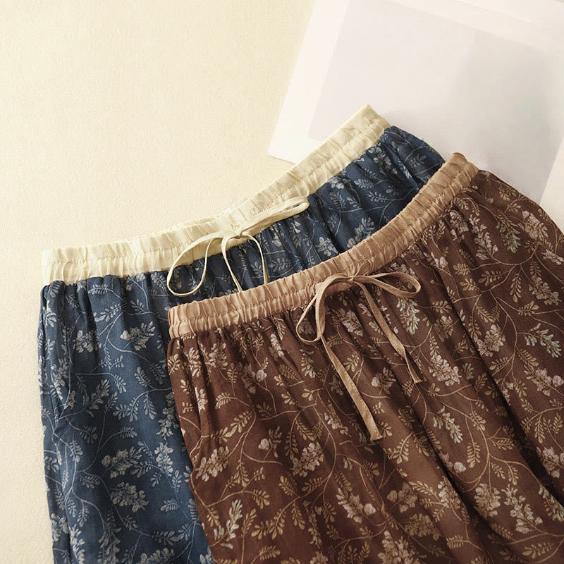 Buddha Stones Floral A-line Elastic Waist Cotton Linen Women's Skirt With Pockets - image 11