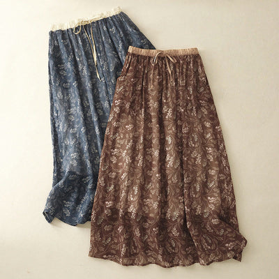 Buddha Stones Floral A-line Elastic Waist Cotton Linen Women's Skirt With Pockets - image 2