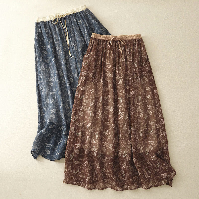 Buddha Stones Floral A-line Elastic Waist Cotton Linen Women's Skirt With Pockets - image 2