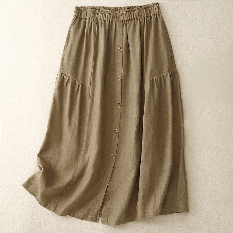Buddha Stones A-line Buttons Slit Design Elastic Waist Cotton Women's Skirt With Pockets - Tan - US12，UK/AU16，EU44 (2XL) - image 19