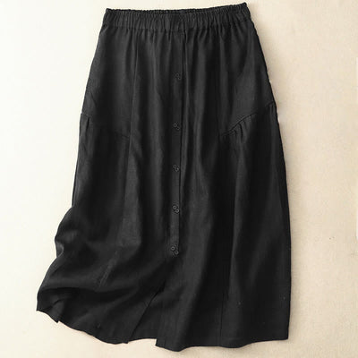 Buddha Stones A-line Buttons Slit Design Elastic Waist Cotton Women's Skirt With Pockets - Black - US12，UK/AU16，EU44 (2XL) - image 6