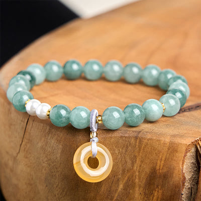 Buddha Stones Blue Jade Peace Buckle Pearl Beads Prosperity Bracelet - image 3