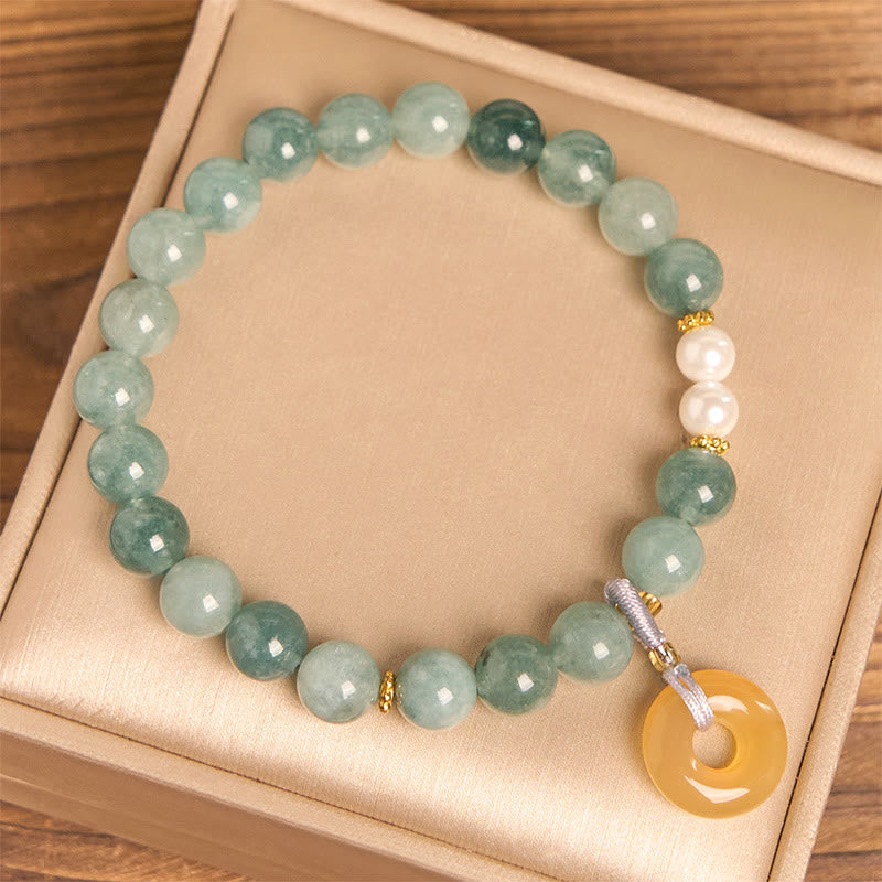 Buddha Stones Blue Jade Peace Buckle Pearl Beads Prosperity Bracelet - image 2