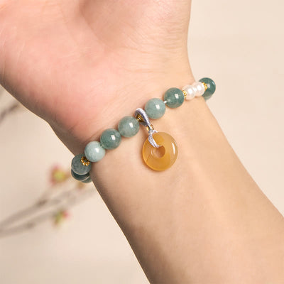 Buddha Stones Blue Jade Peace Buckle Pearl Beads Prosperity Bracelet - image 5