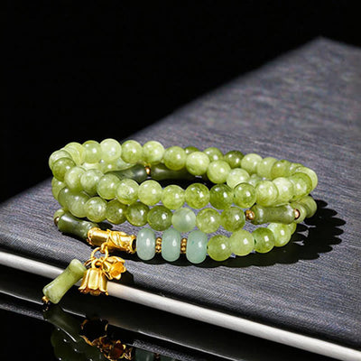Foviel Retro Multilayer Lily of the Valley Bamboo Green Chalcedony Strength Bracelet