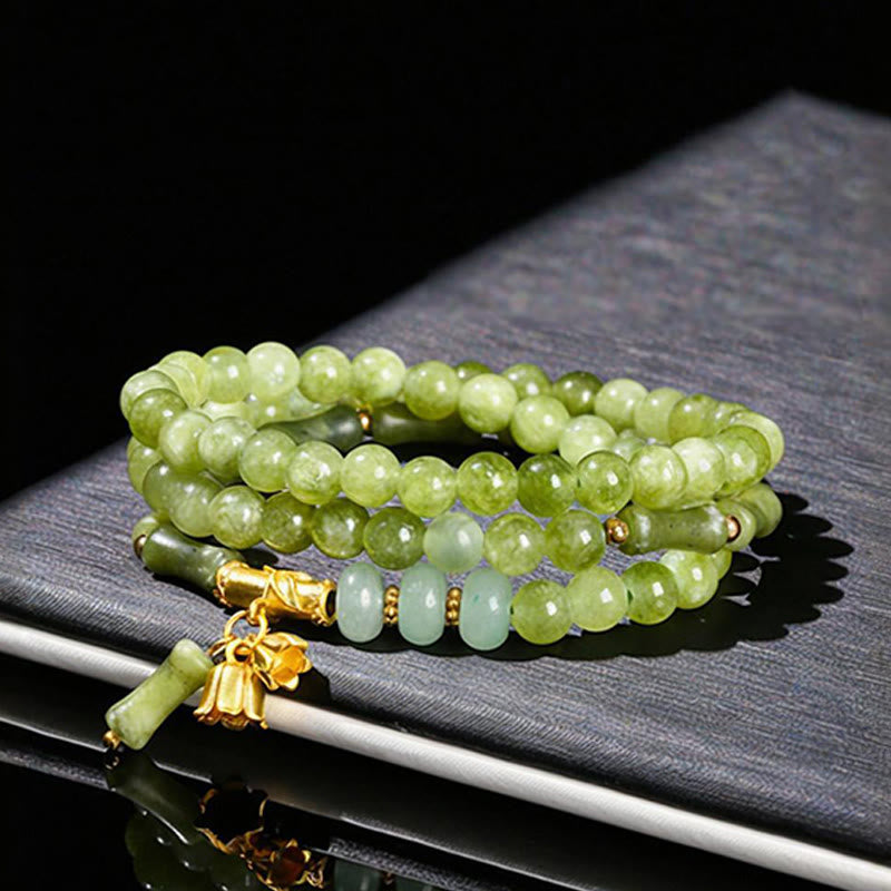 Foviel Retro Multilayer Lily of the Valley Bamboo Green Chalcedony Strength Bracelet