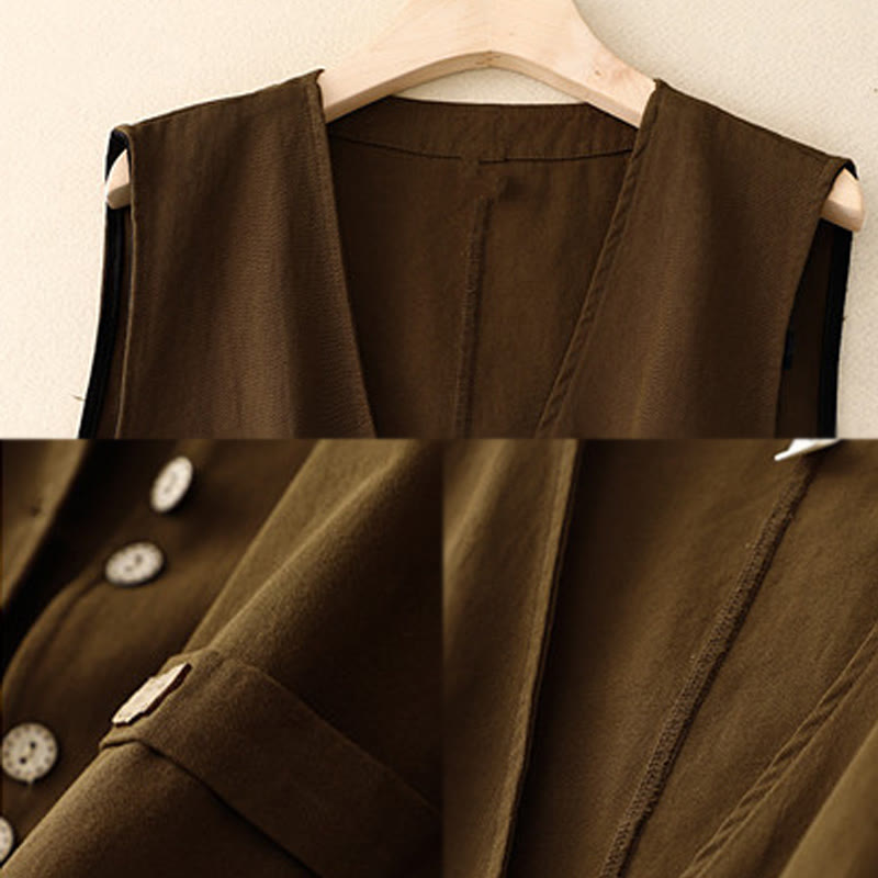 Buddha Stones Solid Color Front Buttons Sleeveless Women's Cotton Waistcoat With Pockets - image 12
