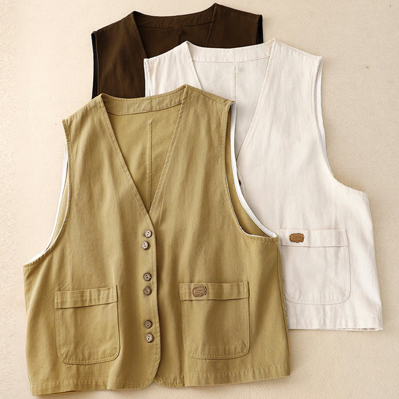 Buddha Stones Solid Color Front Buttons Sleeveless Women's Cotton Waistcoat With Pockets - image 19