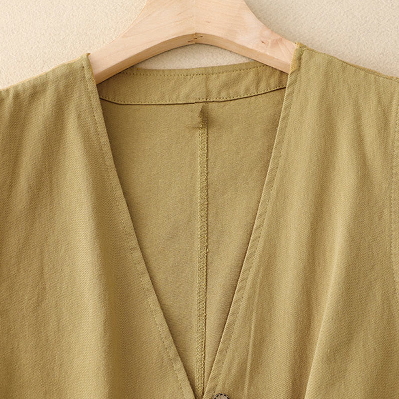Buddha Stones Solid Color Front Buttons Sleeveless Women's Cotton Waistcoat With Pockets - image 2