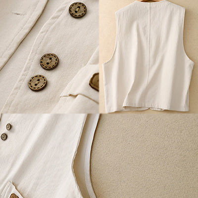 Buddha Stones Solid Color Front Buttons Sleeveless Women's Cotton Waistcoat With Pockets - image 18