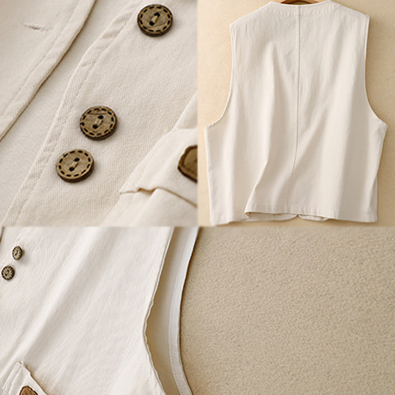 Buddha Stones Solid Color Front Buttons Sleeveless Women's Cotton Waistcoat With Pockets - image 18