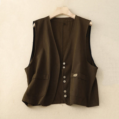 Buddha Stones Solid Color Front Buttons Sleeveless Women's Cotton Waistcoat With Pockets - SaddleBrown - US8-10，UK/AU12-14，EU40-42 (2XL) - image 9