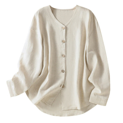 Buddha Stones Casual Spring Plain Buttons Design V-Neck Long Sleeve Women's Cotton Linen Shirt - image 9