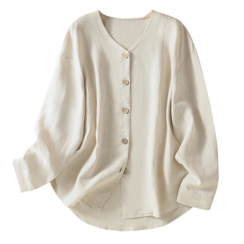 Buddha Stones Casual Spring Plain Buttons Design V-Neck Long Sleeve Women's Cotton Linen Shirt - image 9