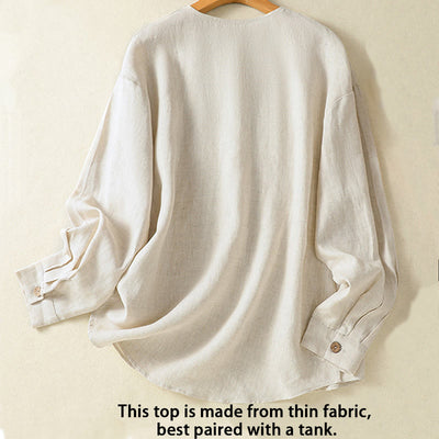 Buddha Stones Casual Spring Plain Buttons Design V-Neck Long Sleeve Women's Cotton Linen Shirt - image 2
