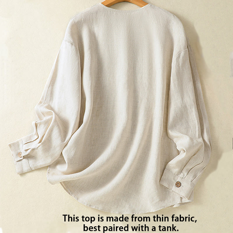 Buddha Stones Casual Spring Plain Buttons Design V-Neck Long Sleeve Women's Cotton Linen Shirt - image 2