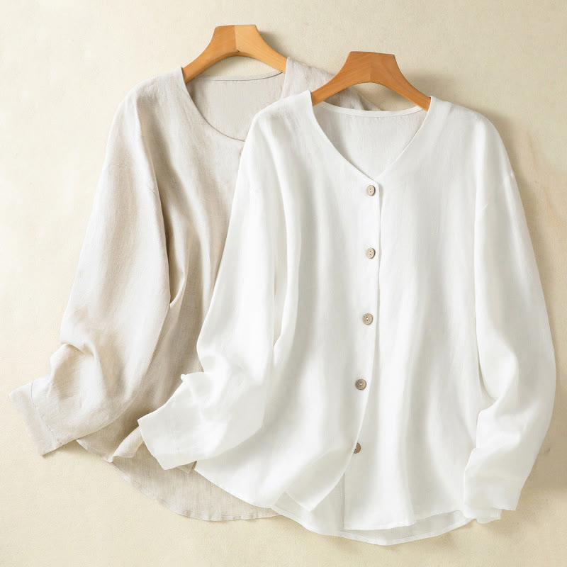 Buddha Stones Casual Spring Plain Buttons Design V-Neck Long Sleeve Women's Cotton Linen Shirt - image 19