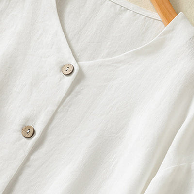 Buddha Stones Casual Spring Plain Buttons Design V-Neck Long Sleeve Women's Cotton Linen Shirt - image 13