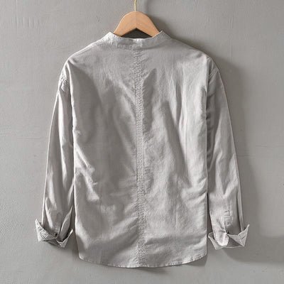 Chemise Foviel pour homme, unie, à manches longues et demi-boutonnage, en coton et lin