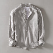 Foviel Solid Color Long Sleeve Half Button Shirt Cotton Linen Men Clothing