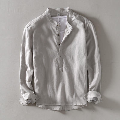 Chemise Foviel pour homme, unie, à manches longues et demi-boutonnage, en coton et lin